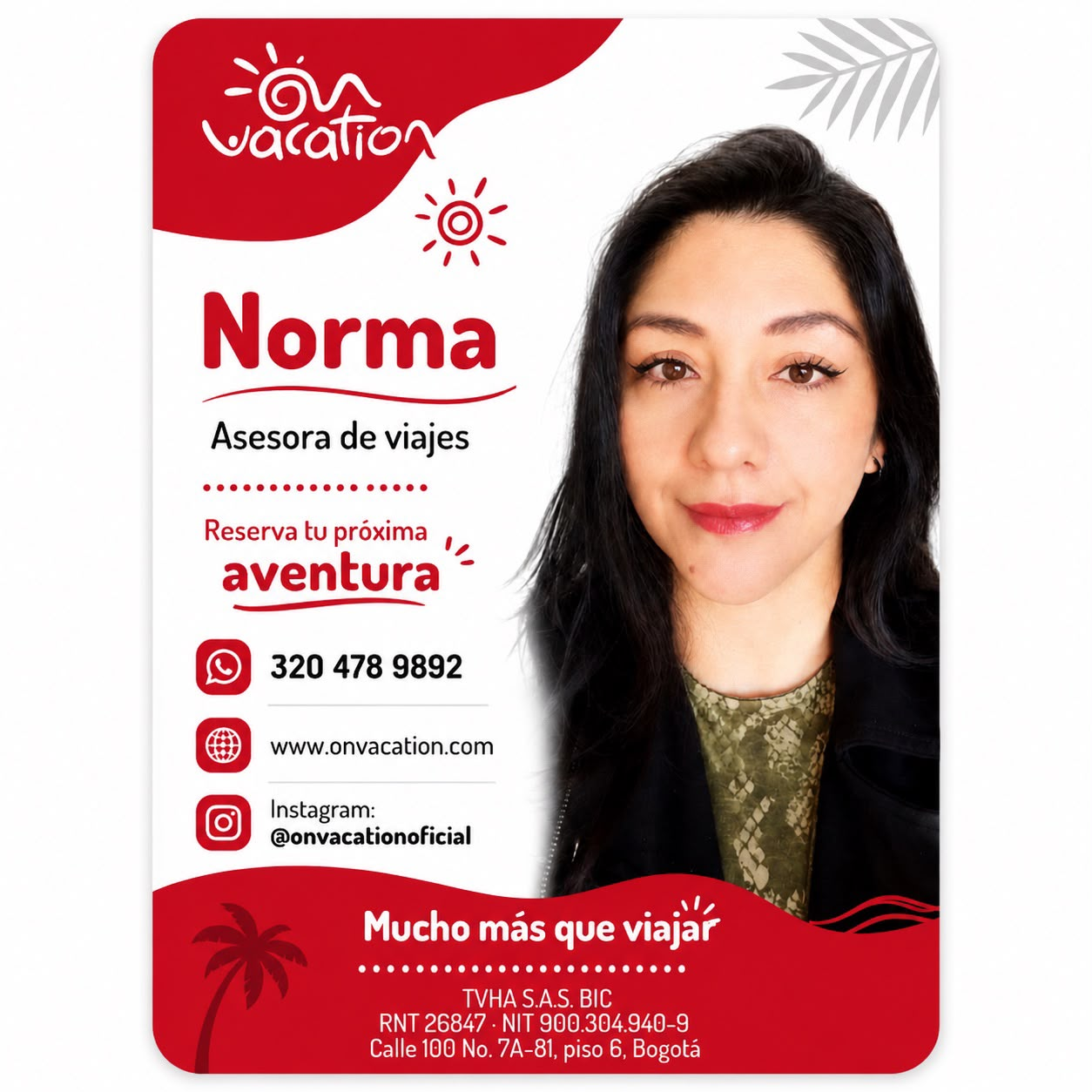 Tarjeta de Norma Salcedo, asesora de viajes On Vacation, WhatsApp 320 478 9892